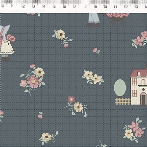 Tecido Sunbonnet e casinhas Azul MV024C01
