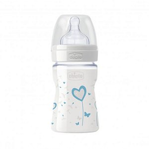 Mamadeira de Vidro Chicco Estampa Corações, 150ml, Transparente, Bico de silicone Well Being 0m+, Anticólica e Antirefluxo