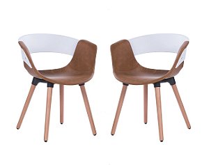 Cadeira Design Fixa Assento Em Courino ANM 6709F Caramelo e Branco - Kit 2
