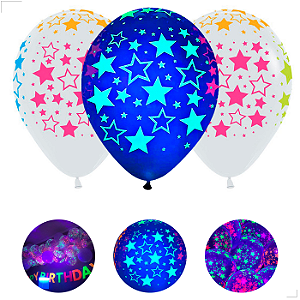 10 Balão Bexiga Neon Uv Decoração Festa Estrela 12 Polegadas