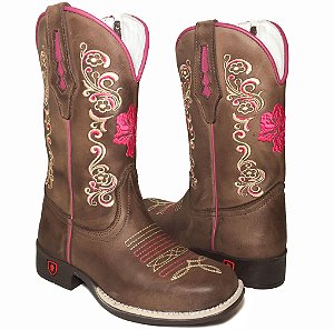 em Couro Bota Texana Infantil Flor Rosa Bico Quadrado - Bruto Botas