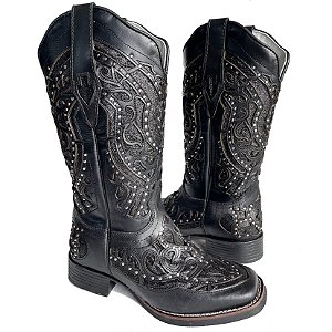 Bota Texana Feminina Touro Sentado Total Black Strass Glitter Preto Sola Preta Bico Quadrado