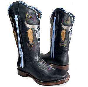 Bota Texana Feminina TS Cara de Boi Black Sola de Couro Bico Quad