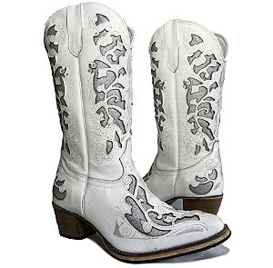 Bota Texana Feminina Touro Sentado Glitter Prata Couro Salto Madeira Bico Fino