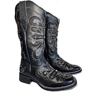 Bota Texana Feminina Touro Sentado Cruz Glitter Preto Bico Quadra