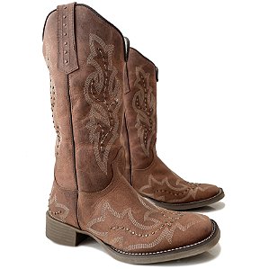 Bota Texana Feminina TS Cano Alto Fossil Bord Bico Quadrado
