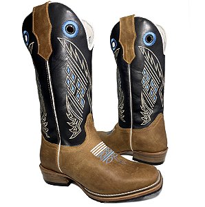 Bota Texana Cano Alto Camel Cano Preto Carrapeta Bico Quadrado