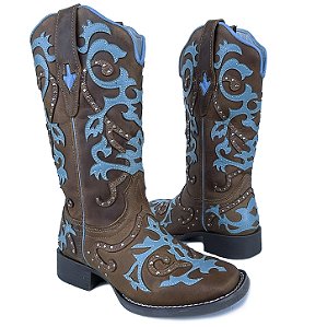Bota Texana Feminina Touro Sentado Camel Azul Strass Bico Quadrad