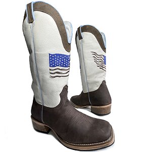Bota Texana Cano Alto Cano Creme Bandeira Carrapeta Bico Quadrado