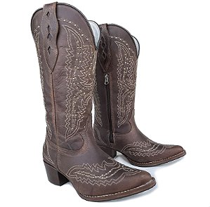 Bota Texana Feminina Touro Sentado Rustico Bord Strass Bico Fino
