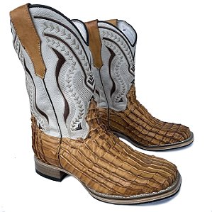 Bota Texana Bambu Camel Cano Creme Salto Madeira Bico Quadrado