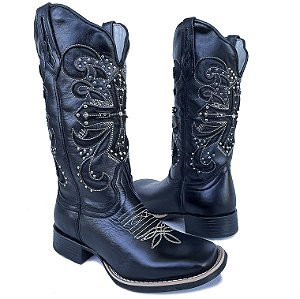Bota Texana Feminina Touro Sentado Cruz Cano Glitter Bico Quadrad