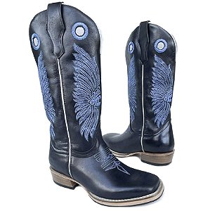 Bota Texana Cano Alto Preto Cocar Azul Carrapeta Bico Quadrado