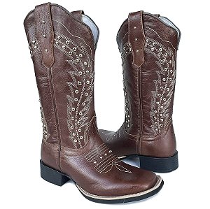 Bota Texana Feminina Café Bordado com Strass Bico Quadrado