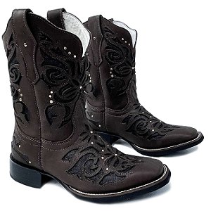Bota Texana Feminina Laser Café Promo Sola Preta Bico Quadrado