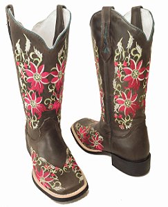 Bota Texana Feminina Flor de Lis Rosa Bico Quadrado