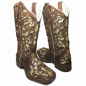 Bota Texana Feminina Laser Ouro Bico Quadrado