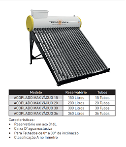 Aquecedor Solar Acoplado Vácuo 200L 20 TUBOS - TERMOMAX