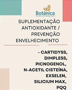 Suplementação antioxidante / prevenção envelhecimento - Cartidyss, Dimpless, Picnogenol, N-acetil cisteína, Exselen, Silicium Max, PQQ 30 Cápsulas