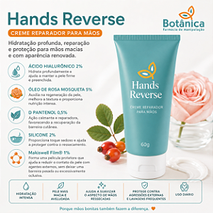 Hands Reverse – Creme Reparador para Mãos 60g com Ácido Hialurônico 2%, Óleo de Rosa Mosqueta 5%, D pantenol 0,5%, Silicone 2%, Makiswell Film® 1%