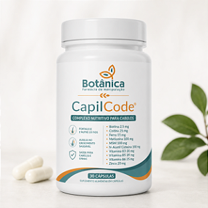 CapilCode® – Complexo Nutritivo para Cabelos - Biotina 2,5mg, Cistina 25mg, Ferro 15mg, Metionina 100mg, MSM 100mg, N-Acetil Cisteina 100mg, Vit B3 20mg, Vit B5 39mg, Vit B6 25mg, Zinco 20mg