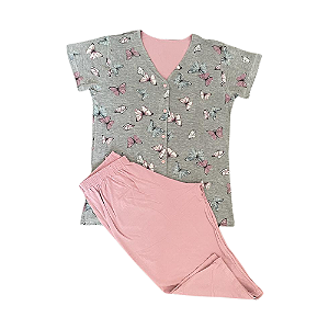 Pijama Meia Manga Feminino Adulto Cinza Pescador - Lily Pijamas