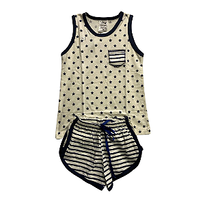 Pijama Infantil Feminino Short Doll Marfim e Azul Escuro Estrelas - Lily Pijamas