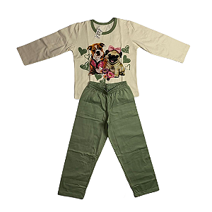 Pijama Infantil Feminino Longo Filhotinhos Verde Folha Seca- Lily Pijamas