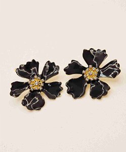 Brinco Flor Pintado a mão com Zircônias - Preto