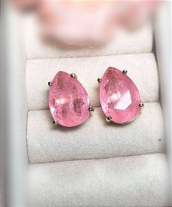 Brinco Semijoia pedra preciosa Gota Rosa Ouro 18k