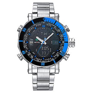 Relógio Masculino Weide AnaDigi WH5203 - Prata e Azul