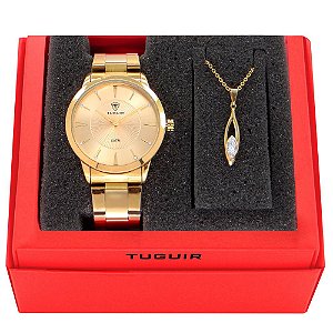 Kit Relógio Feminino Tuguir Analógico TG145 Dourado com Brinde