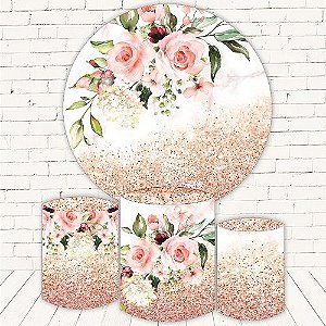 Painel Redondo Sublimado Floral Glitter + Trio de Cilindros Veste Fácil