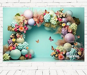 Fundo Fotográfico Em Tecido Cenario Balão Floral Com Borboletas