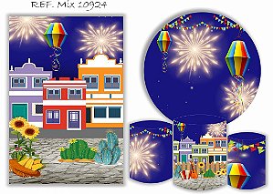 Painel Redondo Sublimado Festa Junina + Trio de Cilindros Veste Fácil + Painel Lateral