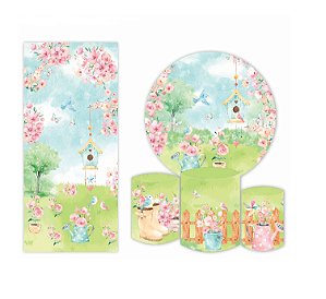 Kit Painel Redondo Sublimado Jardim + Trio de Cilindros Veste Fácil + Painel Lateral