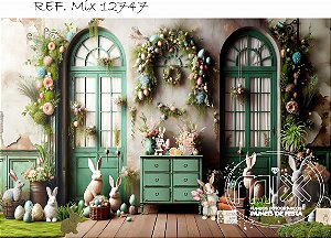 Fundo Fotográfico Sublimado Coelhos portas verde