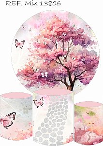 Kit Painel Redondo Sublimado  Cerejeira jardim  + Trio de Cilindros Veste Fácil