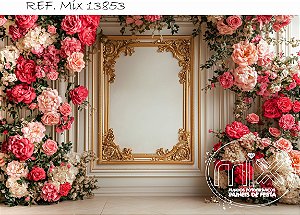 Fundo Fotográfico Boiserie Flores com dourado