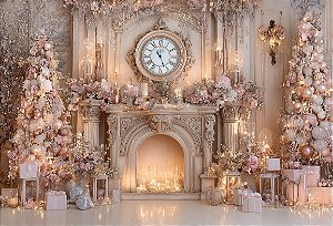 Fundo Fotográfico Lareira Natal Relógio