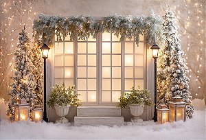 Fundo Fotográfico Porta Árvore Natal Neve