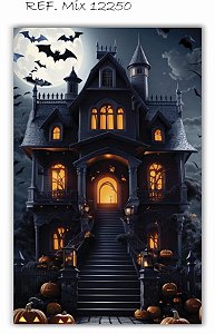 Painel Festa Retangular Em Tecido Halloween Castelo