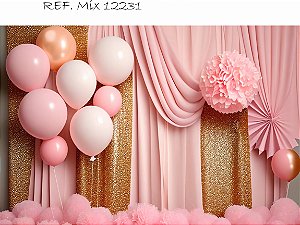 Fundo Fotográfico Smash the cake Balões Cortina Rosa