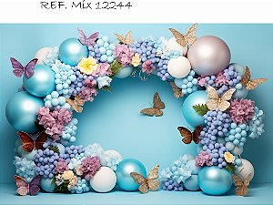 Fundo Fotográfico Smash the cake Balões Borboletas Azul