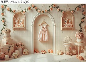 Fundo Fotográfico Menina Coelhos e Vestido