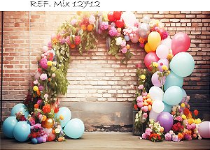 Fundo Fotográfico Sublimado  Tijolinhos Flores arco