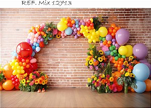 Fundo Fotográfico  Tijolinhos Coloridos e Girassóis