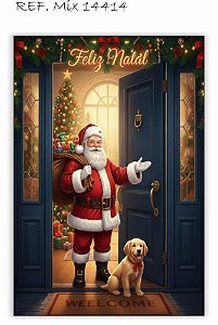 Painel Festa Retangular Em Tecido Papai Noel Dourada