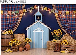 Fundo Fotográfico Igrejinha Azul com Bandeirinhas