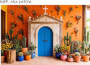 Fundo Fotográfico Igrejinha e Girassóis Colorido